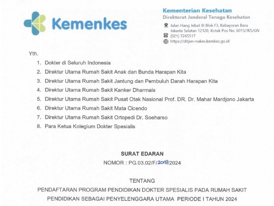 Surat Edaran Pembukaan Pendaftaran Program Pendidikan Dokter Spesialis Berbasis RS Pendidikan Penyelenggara Utama (Hospital Based)